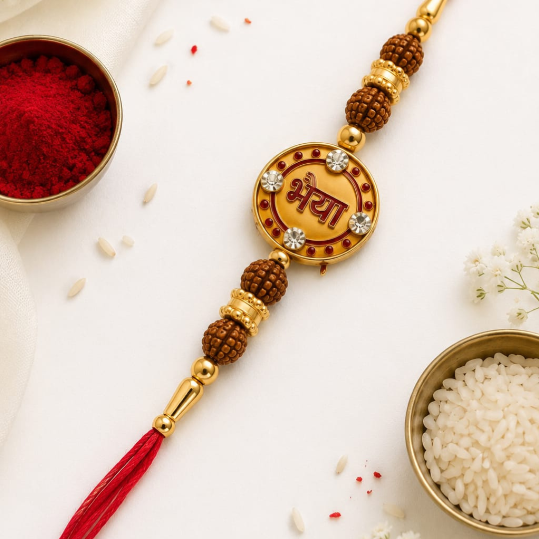 A gold and brown Rakhi with a red tassel and a central round charm engraved with the Sanskrit word 'Bhya', styled on a white surface with bowls of red powder and white rice.