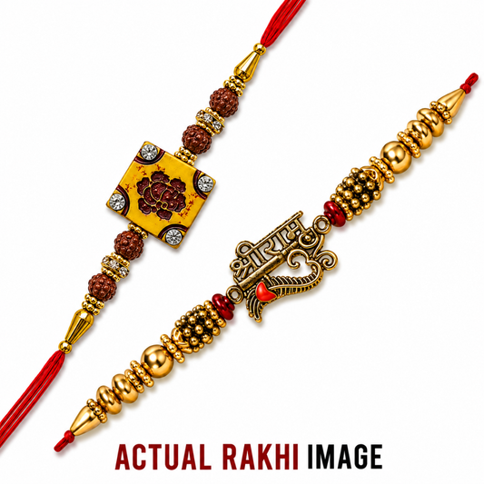 Two decorative Rakhi strings on a white background. One has a square yellow medallion with a red floral motif, brown beads, and crystal-like accents.
