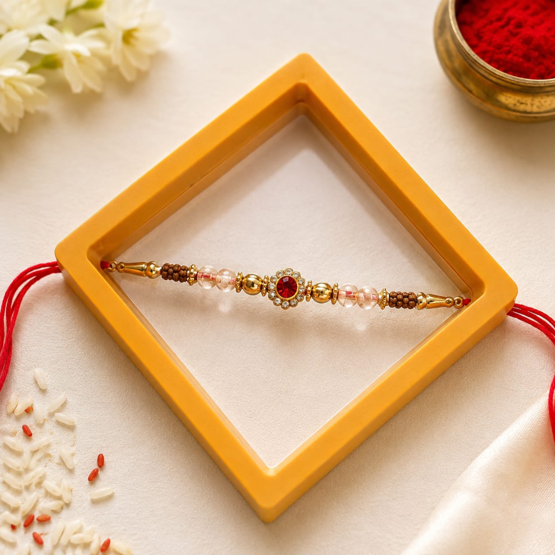 A decorative gold and red beaded rakhi with pink glass beads is displayed inside a yellow square frame on a light beige surface, with red threads extending from both sides and small styled props around it.