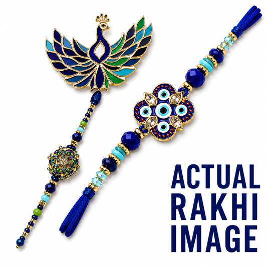 A gold-plated Rakhi bracelet and matching peacock-shaped pendant set with blue, turquoise, and green enamel details, shown on a white background with the text 'ACTUAL RAKHI IMAGE' in dark blue at the bottom right.
