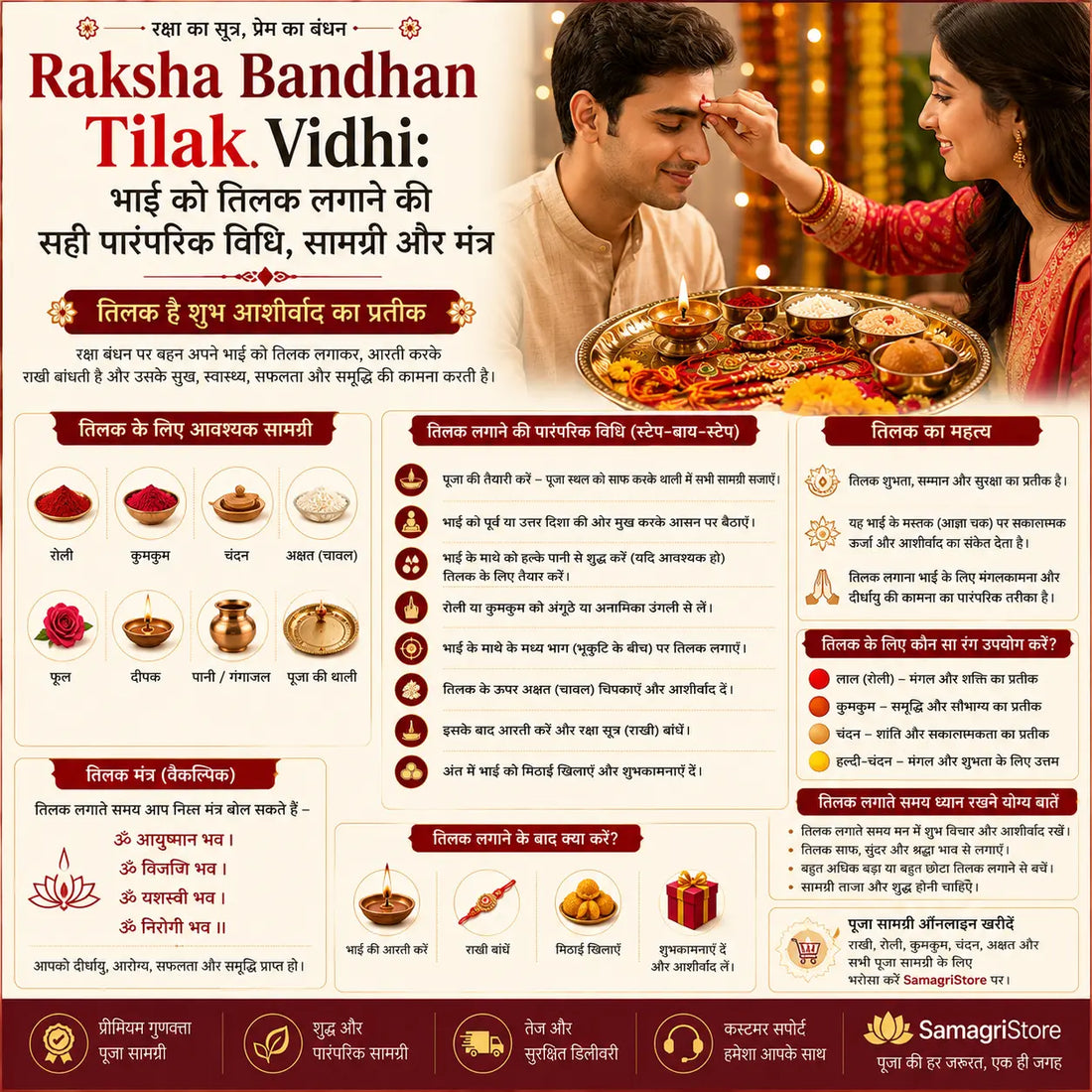Sister applying traditional roli tilak and akshat to her brother during Raksha Bandhan puja with a decorated Rakhi thali