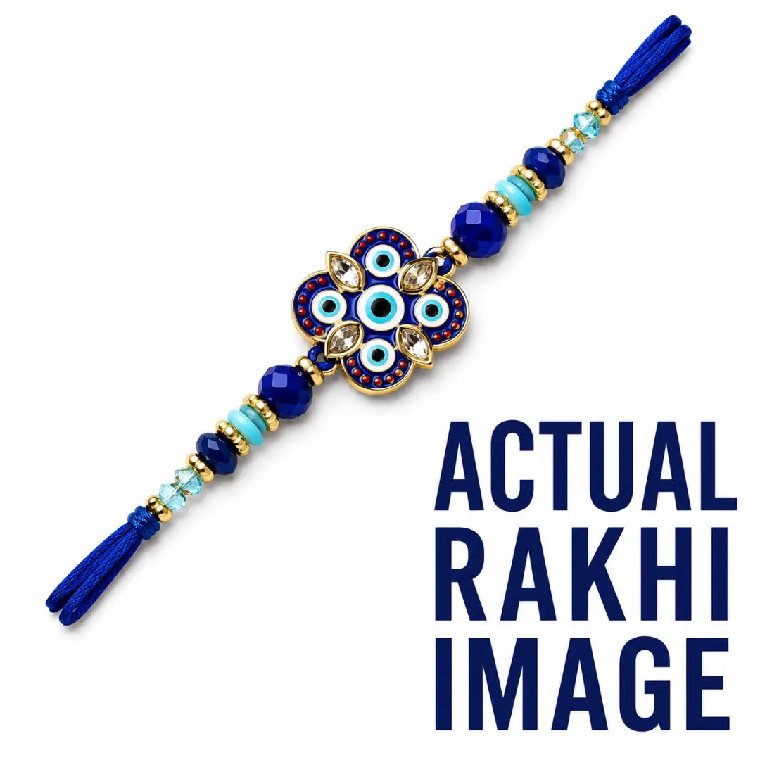 Royal blue evil eye designer Rakhi with blue white centerpiece, turquoise beads and golden detailing