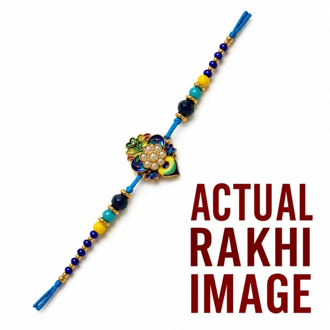 Blue yellow floral pearl designer Rakhi with colourful centerpiece, blue yellow beads, turquoise accents and golden detailing