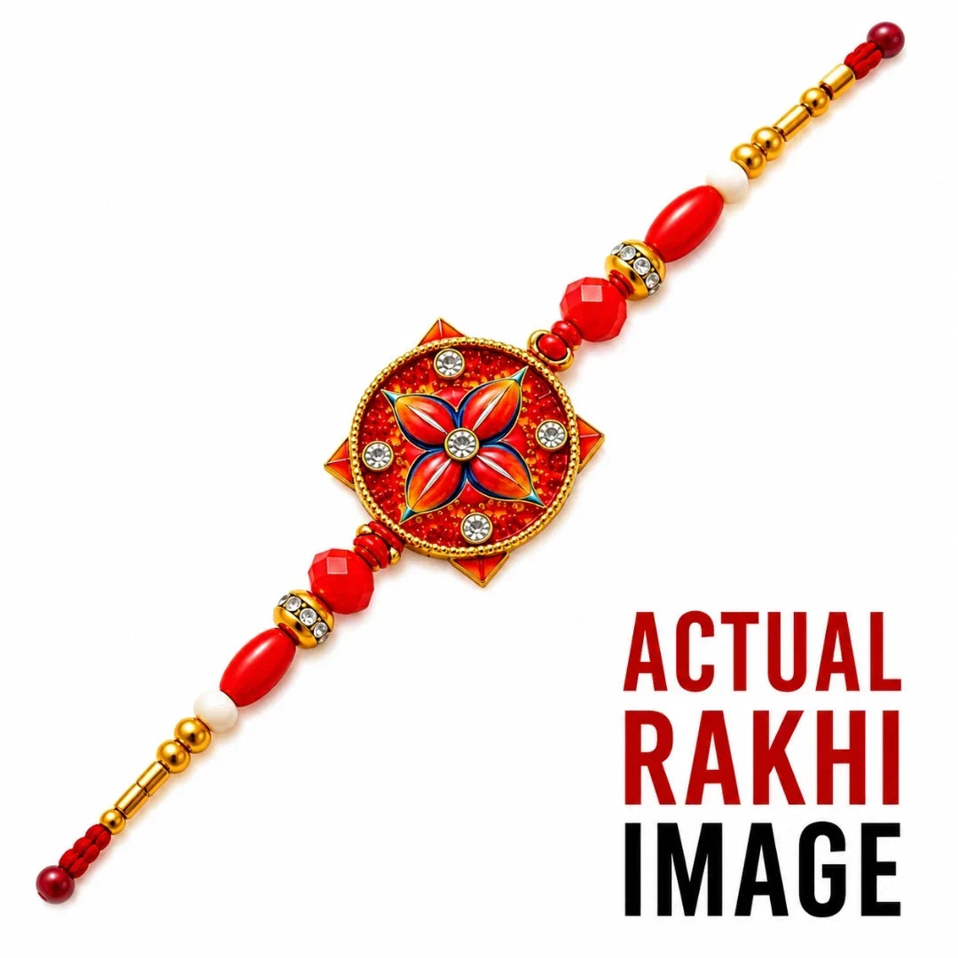Red Floral Designer Rakhi for Brother with circular flower centrepiece, crystal-style stones, golden accents and decorative red beads