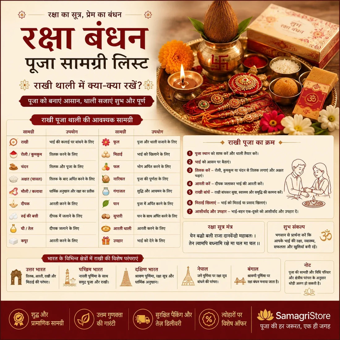 **Alt text:**  `Raksha Bandhan puja thali with rakhi, roli, kumkum, chandan, akshat, diya, flowers, sweets, coconut and traditional puja items.`