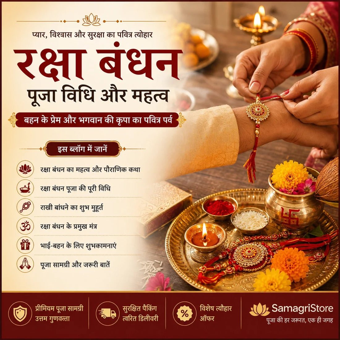 **Alt text:**  `Raksha Bandhan puja with sister tying a decorative rakhi on her brother's wrist, surrounded by a traditional puja thali, diya, kumkum, akshat, flowers and kalash.`