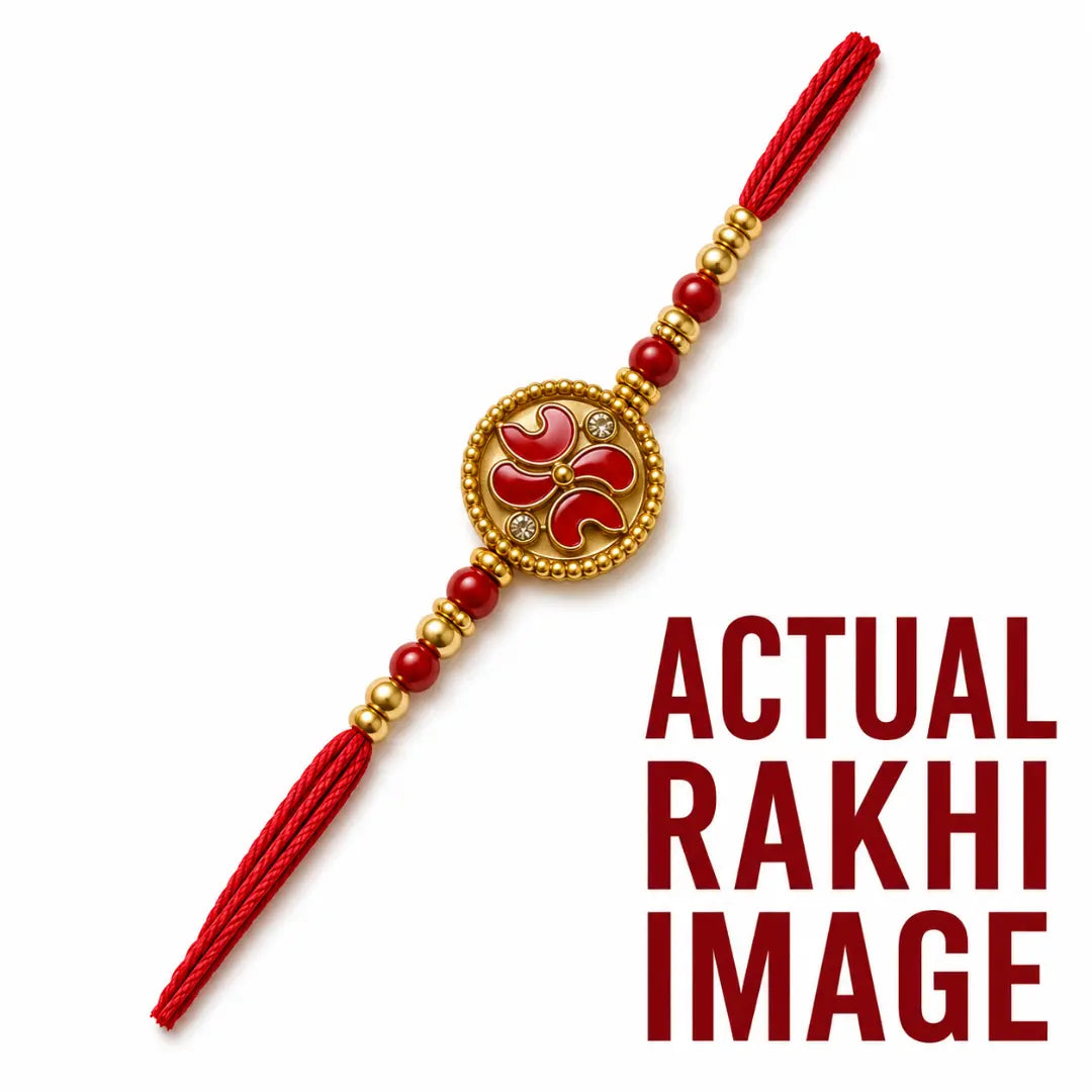 Red floral golden designer Rakhi with circular floral centerpiece, red beads and golden detailing