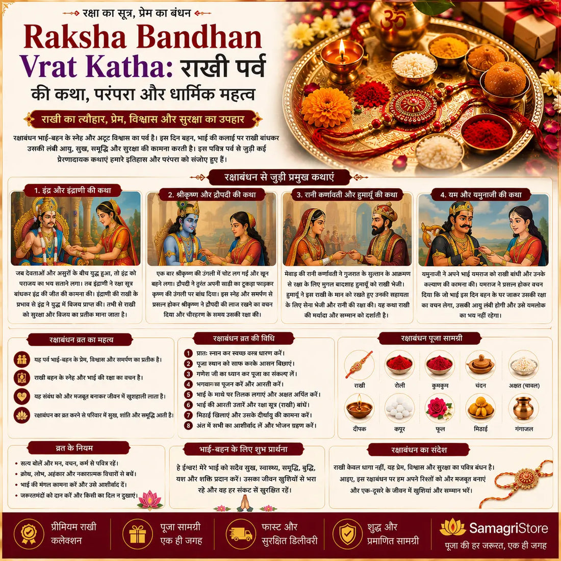 Raksha Bandhan Vrat Katha with traditional puja thali, rakhi, diya, roli, akshat and festive flowers