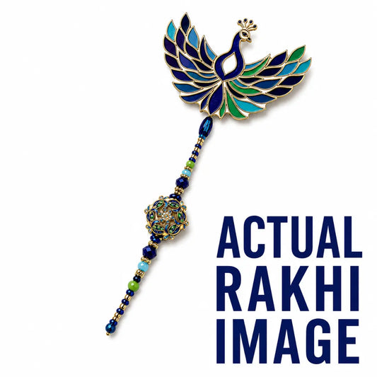 Royal blue green peacock designer Rakhi with detailed peacock centerpiece, colourful feathers and golden beadwork