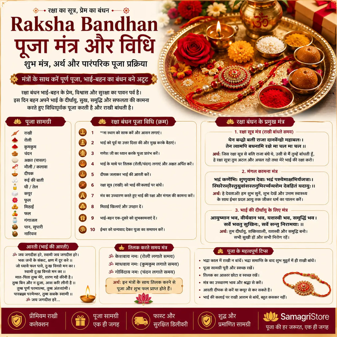 Raksha Bandhan Puja Mantra with a traditional Rakhi puja thali, diya, roli, akshat, flowers and rakhi
