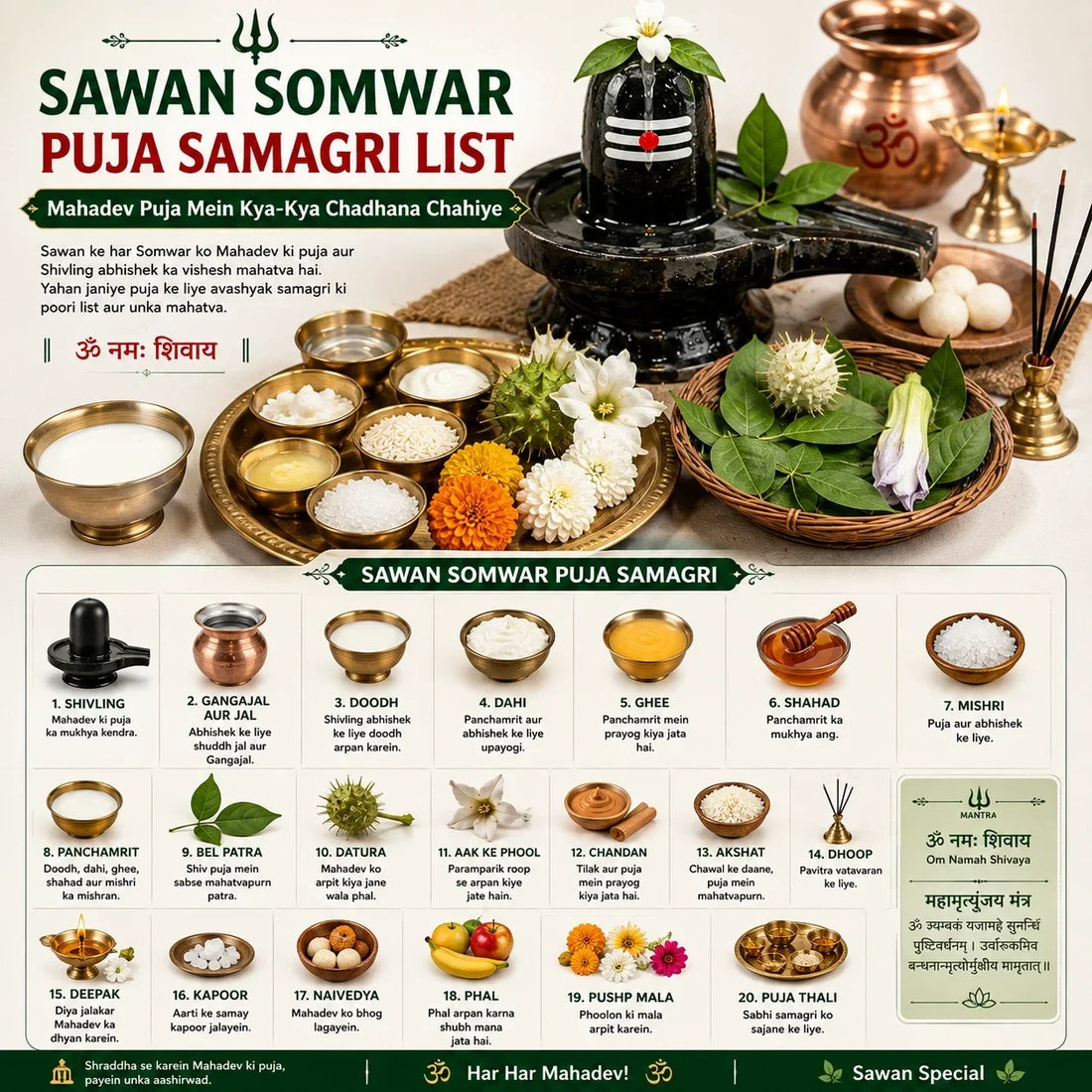 Sawan Somwar puja samagri including Shivling, Gangajal, Bel Patra, Doodh, Datura, Chandan and traditional puja items