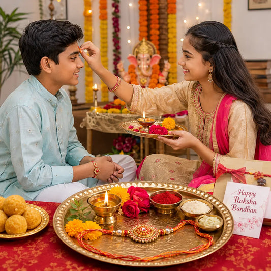 Family performing Raksha Bandhan puja at home with a decorated Rakhi thali, roli, akshat, diya, flowers and sweets