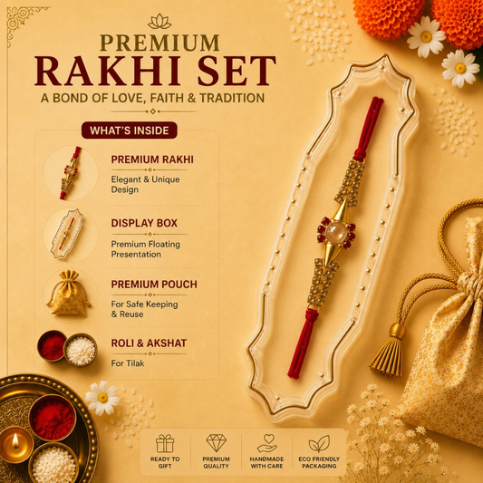 A premium Rakhi set arranged on a warm beige background with decorative flowers and text callouts. The main product is a red and gold decorated Rakhi displayed on an ornate cream tray, with additional included items such as a display box, pouch, and small accessories listed on the left.