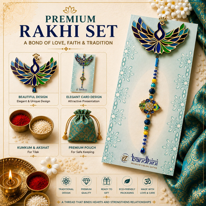 Premium Rakhi set promotional graphic showing a decorative peacock-themed rakhi on a branded card, with included accessories such as a pouch, kumkum bowls, and thread. Text highlights love, faith, and tradition, and the brand name Randhini is visible.