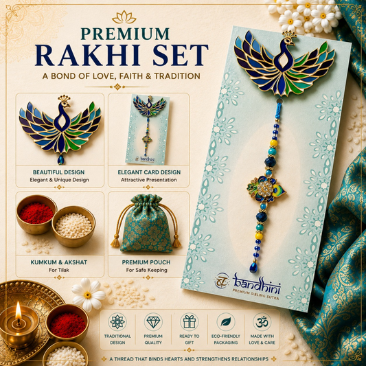 Premium Rakhi set promotional graphic showing a decorative peacock-themed rakhi on a branded card, with included accessories such as a pouch, kumkum bowls, and thread. Text highlights love, faith, and tradition, and the brand name Randhini is visible.