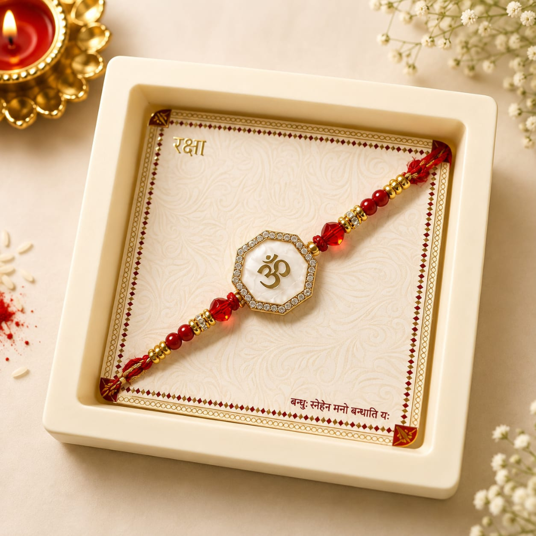 A red and gold beaded Rakhi with a central white and gold Om symbol, presented inside a cream-colored square gift box on a decorated festive background with a lit candle.