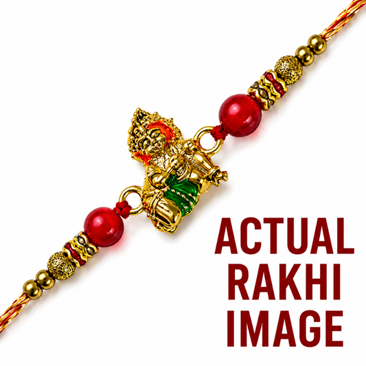 A gold-plated Lord Ganesha Rakhi bracelet with red beads and gold-toned spacer beads, shown on a plain white background with the text 'ACTUAL RAKHI IMAGE' in dark red at the bottom right.