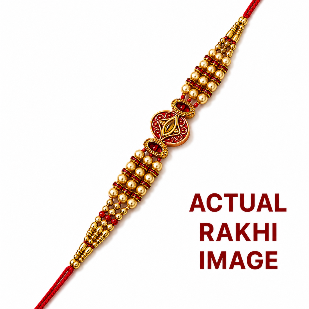 A traditional Indian Rakhi bracelet with red and gold threadwork, gold-toned beads, and a central decorative motif, shown diagonally on a white background with the text 'ACTUAL RAKHI IMAGE' in red.
