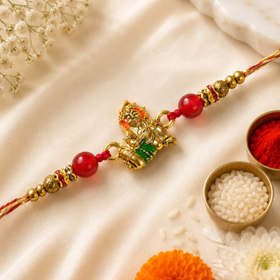 A traditional Indian Rakhi bracelet with a gold Ganesha charm, red beads, and gold spacer beads, displayed on a cream satin fabric alongside decorative flowers and bowls of rice and red powder.