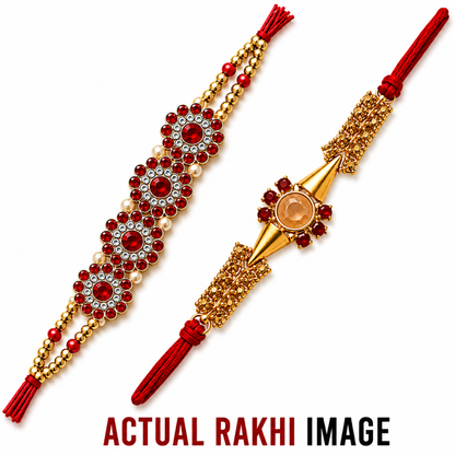 Two decorative Rakhi wristlets shown on a white background, one with red and gold beads and white pearl-like accents, and the other with gold-tone filigree, red stones, and a peach center stone. Text at the bottom reads 'ACTUAL RAKHI IMAGE'.