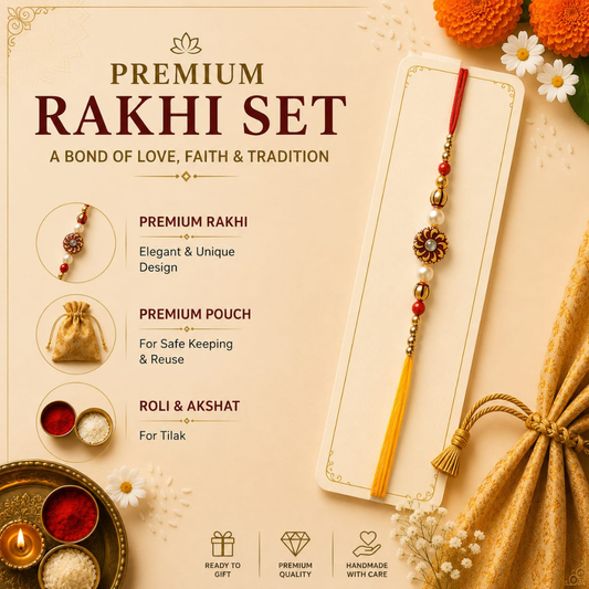 A premium rakhi set displayed on a cream card with decorative text callouts, including a red thread, gold and red bead details, a yellow tassel, and a matching pouch. The layout is styled with orange marigolds, white daisies, a brass plate with diyas, and a gold fabric bag on a warm beige background.