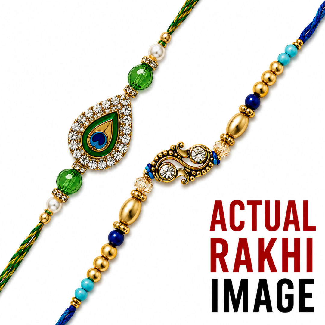 Two decorative Rakhi strings on a white background, one with a peacock feather motif and the other with a traditional ornate connector, alongside text reading 'ACTUAL RAKHI IMAGE'.