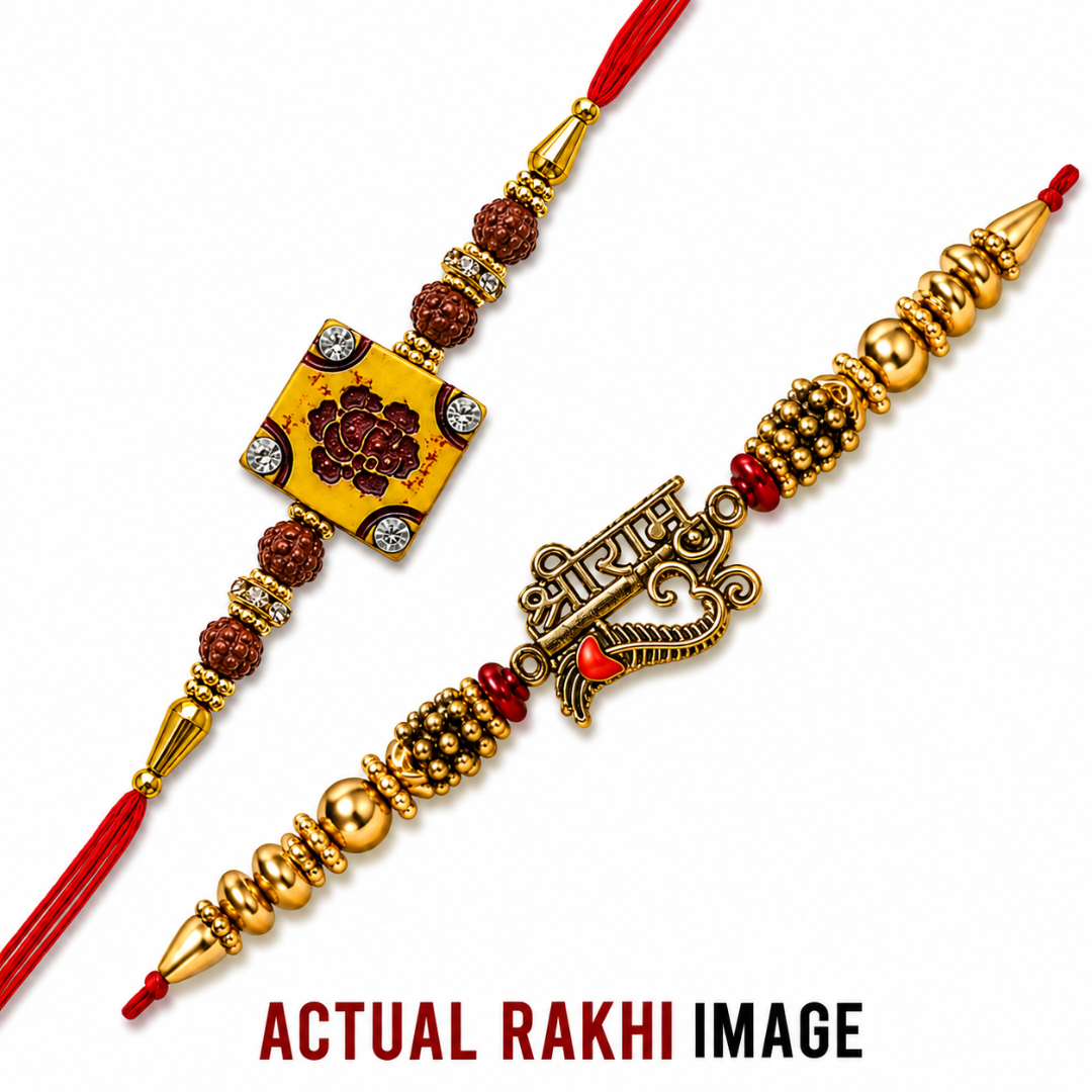 Two decorative Rakhi strings on a white background. One has a square yellow medallion with a red floral motif, brown beads, and crystal-like accents.