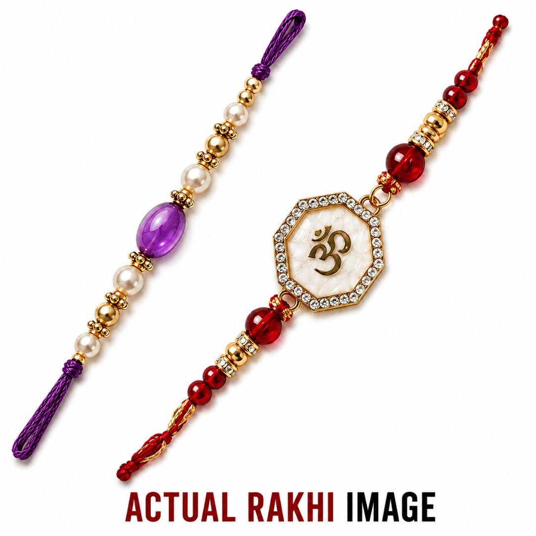 Two decorative Rakhi threads shown on a plain white background, one with a purple tassel and purple bead, and one with a gold-toned Om pendant, red beads, and white pearl-like beads. Text at the bottom reads 'ACTUAL RAKHI IMAGE'.