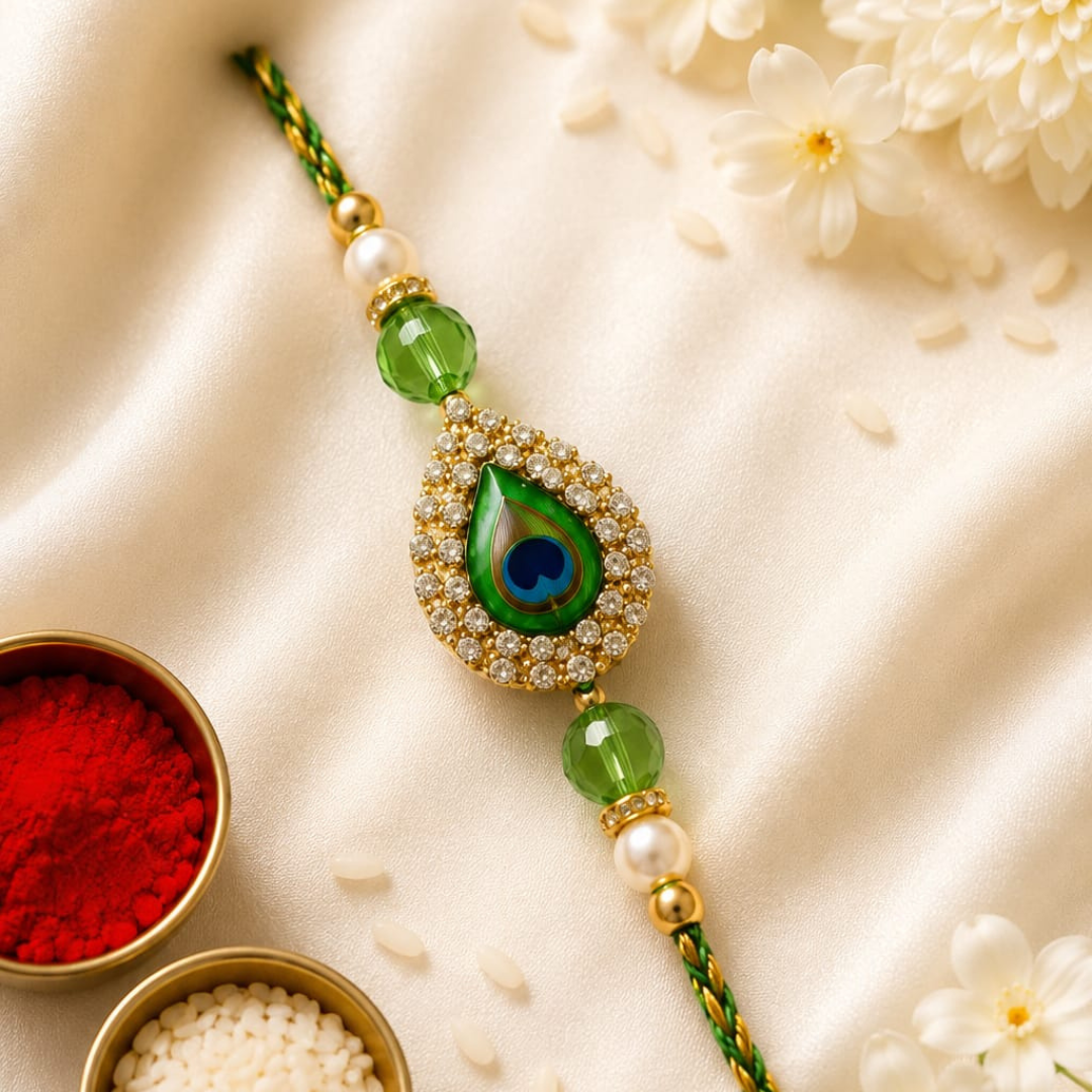 A decorative Rakhi with a teardrop-shaped peacock motif in green and blue, surrounded by gold rhinestones, green beads, and white pearl-like beads, laid on cream satin fabric with small bowls of red and white powder and white flowers nearby.