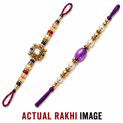 Two decorative Rakhi bracelets shown on a plain white background, with the text 'ACTUAL RAKHI IMAGE' at the bottom. One Rakhi has a gold-tone ornate center with red and blue beads and pearl-like accents, and the other has a large purple bead, white pearl-like beads, gold-tone beads, and a purple tassel.