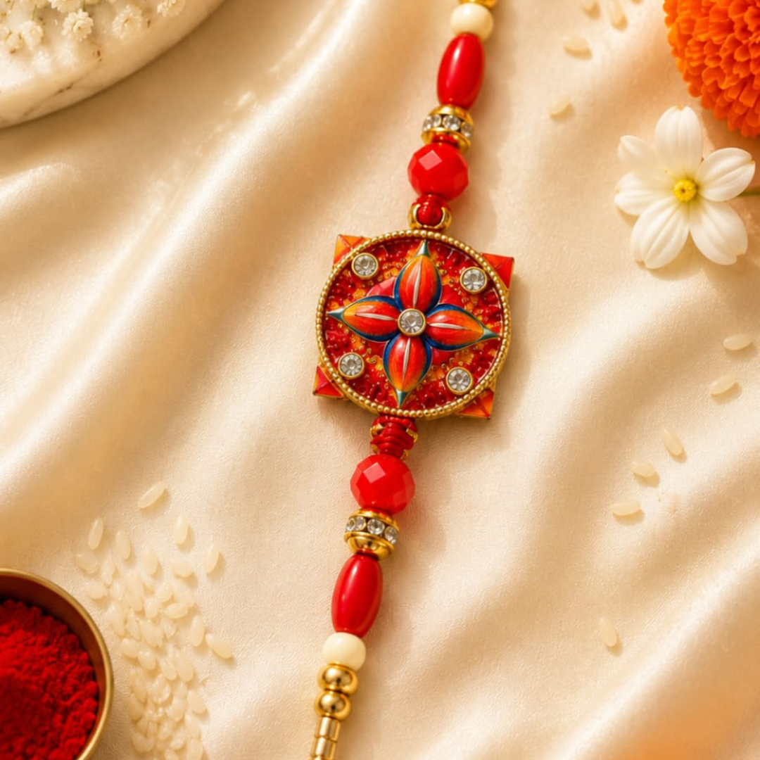 A decorative red and gold Rakhi bracelet laid on a cream satin fabric with scattered rice grains, a white flower, and small red powder bowls nearby.