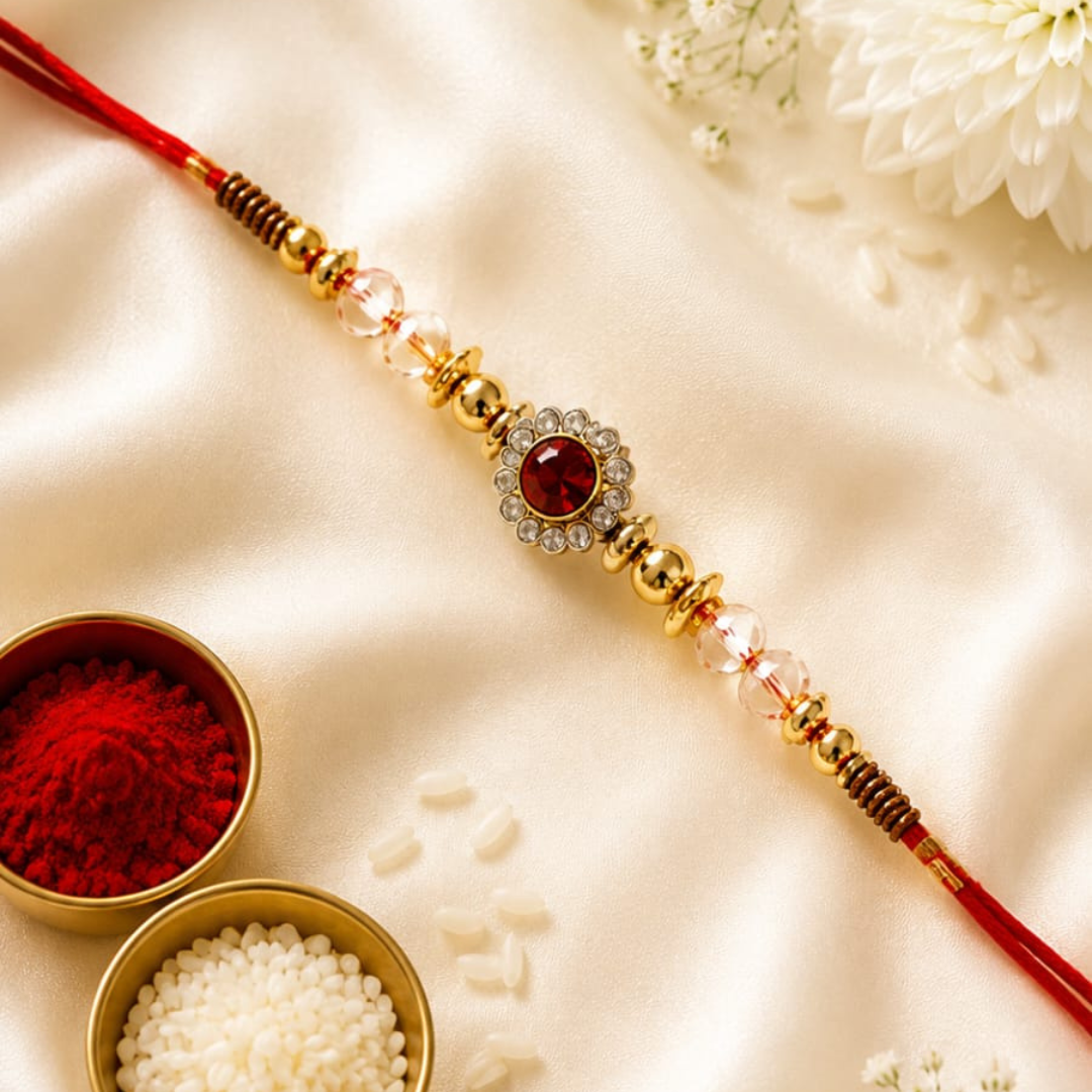 A gold-plated traditional Indian Rakhi bracelet with a central red gemstone surrounded by clear crystals, displayed on a cream satin fabric alongside red and white powders and white flowers.