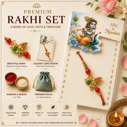Premium Rakhi set promotional graphic showing a decorated red thread rakhi, its illustrated card, a small pouch, and supporting accessories on a warm cream background with floral and candle styling.