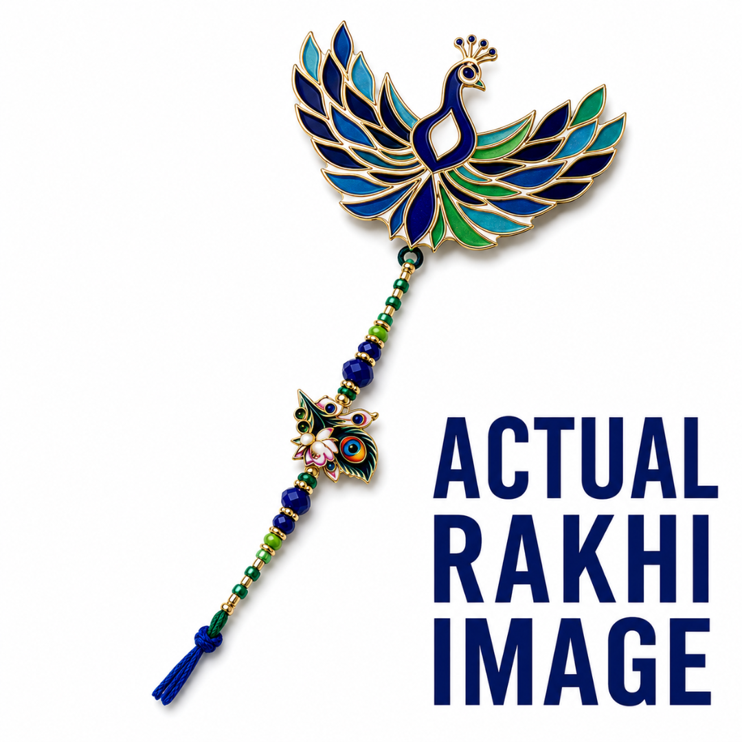 A decorative peacock-themed Rakhi with a gold-tone metal base, blue and green enamel wings, and a beaded stem with a small peacock charm, shown on a white background next to a dark blue 'ACTUAL RAKHI IMAGE' text overlay.