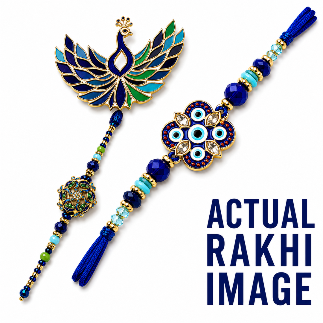 A gold-plated Rakhi bracelet and matching peacock-shaped pendant set with blue, turquoise, and green enamel details, shown on a white background with the text 'ACTUAL RAKHI IMAGE' in dark blue at the bottom right.