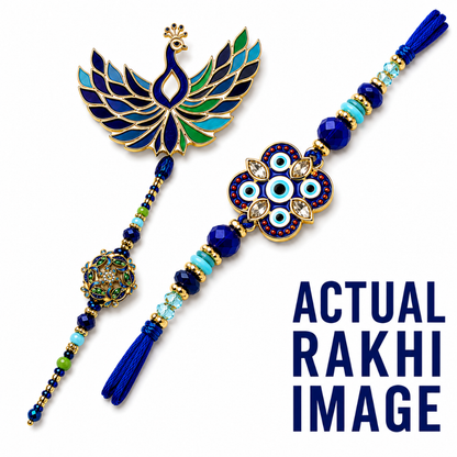 A gold-plated Rakhi bracelet and matching peacock-shaped pendant set with blue, turquoise, and green enamel details, shown on a white background with the text 'ACTUAL RAKHI IMAGE' in dark blue at the bottom right.